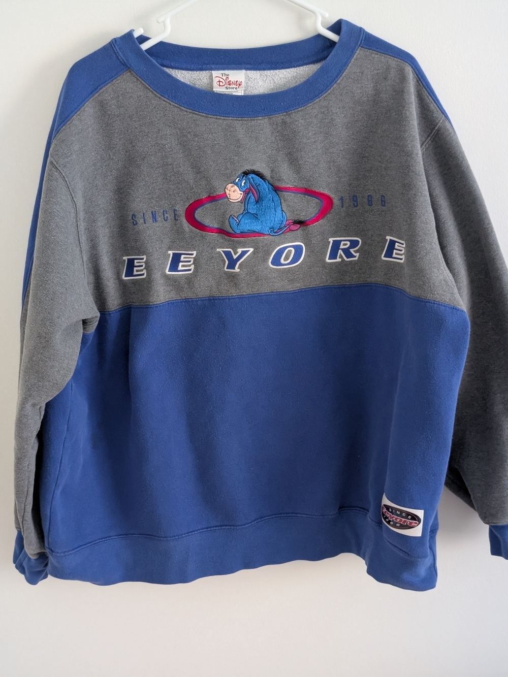 Vintage Disney Store Eeyore Crewneck Sweatshirt in Gray & Blue with Pink Accent